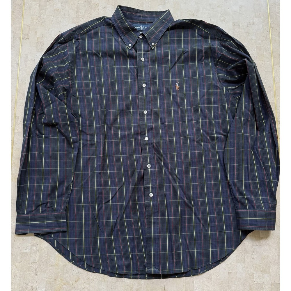Ralph Lauren Polo Plaid Dress Shirt Mens Size 18 36/37‎ Blue Red Cotton Preppy